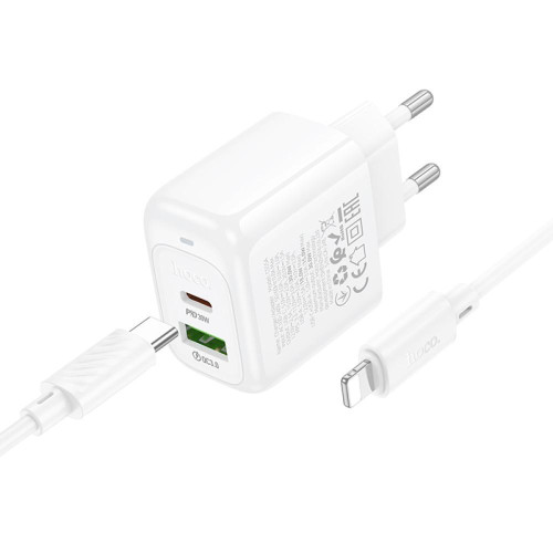 Швидка зарядка type c, блок зарядки з проводом до iPhone (USB + Type C) Hoco PD30W+QC3.0 + кабель білий
