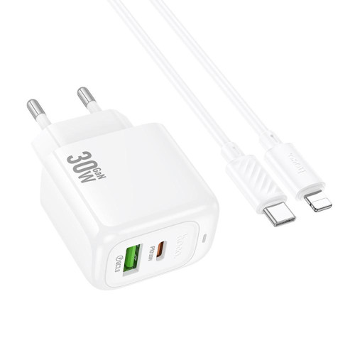 Швидка зарядка type c, блок зарядки з проводом до iPhone (USB + Type C) Hoco PD30W+QC3.0 + кабель білий