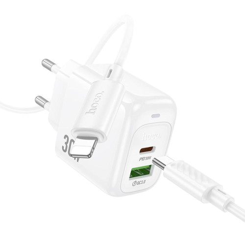 Швидка зарядка type c, блок зарядки з проводом до iPhone (USB + Type C) Hoco PD30W+QC3.0 + кабель білий