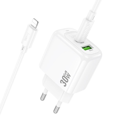 Швидка зарядка type c, блок зарядки з проводом до iPhone (USB + Type C) Hoco PD30W+QC3.0 + кабель білий