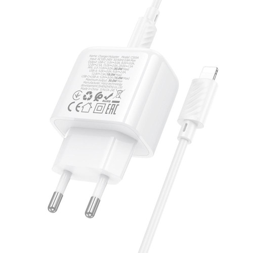 Швидка зарядка type c, блок зарядки з проводом до iPhone (USB + Type C) Hoco PD30W+QC3.0 + кабель білий
