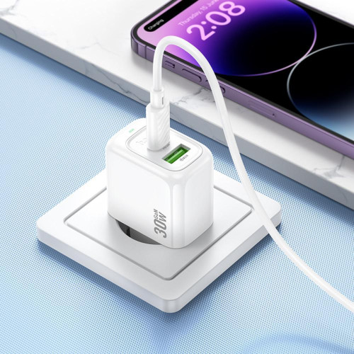 Швидка зарядка type c, блок зарядки з проводом до iPhone (USB + Type C) Hoco PD30W+QC3.0 + кабель білий