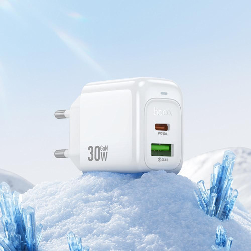 Швидка зарядка type c, блок зарядки з проводом до iPhone (USB + Type C) Hoco PD30W+QC3.0 + кабель білий
